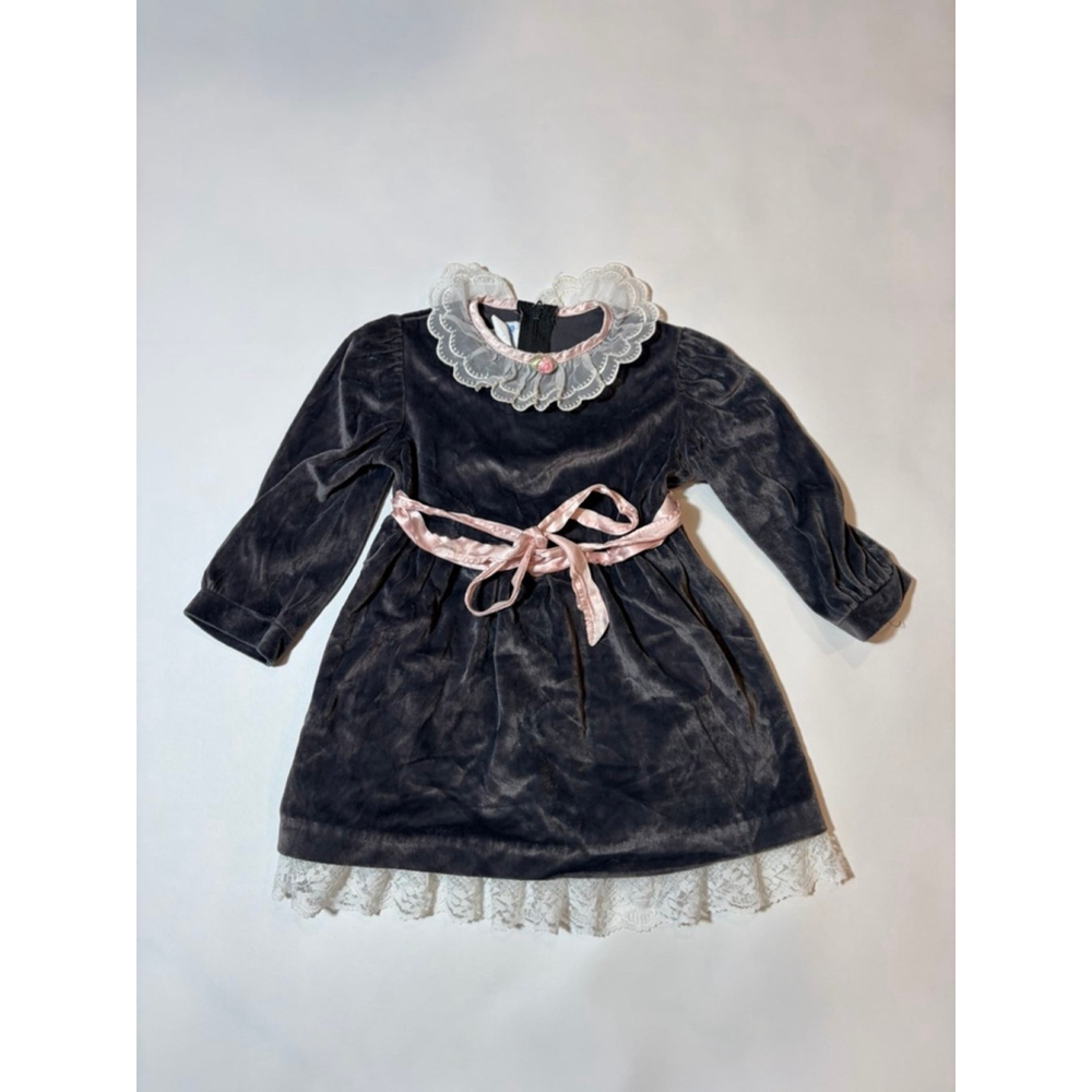 Vintage Bonnie Jean Velvet Dress Toddler 3T Holiday Lace Collar Pink Bow Cottage